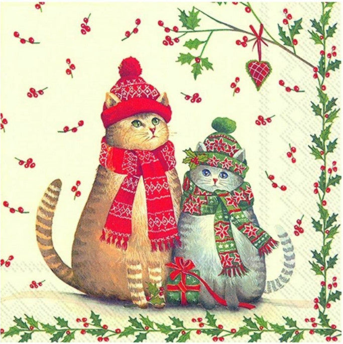 These Christmas Cats in Red holiday scarves and hats Decoupage Paper Napkins are exceptional quality. Imported from Europe. Ideal for Decoupage Crafting, DIY craft projects