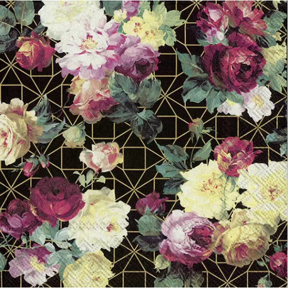 These Vintage Rose on Black and Gold backgroundDecoupage Paper Napkins are exceptional quality. Imported from Europe. Ideal for Decoupage Crafting, DIY craft projects, Scrapbooking