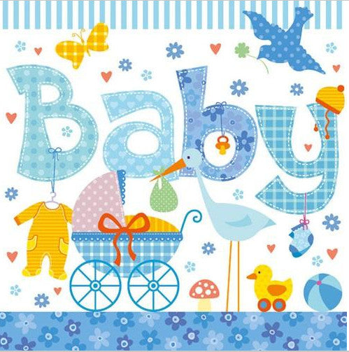 Blue Baby Boy Decoupage Napkin for Crafting, Scrapbooking, Mixed Media with Animals and Baby Stroller and Stork