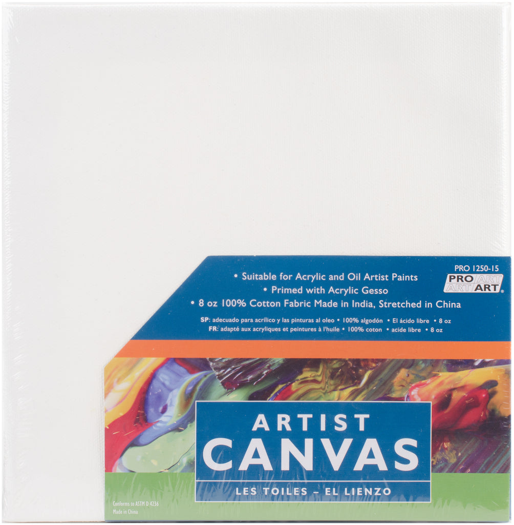 Pro Art Stretched Artist Canvas - 8" x 8" Artist quality canvas at a great value price. This unbleached cotton canvas, double primed with acrylic gesso and ready for acrylic and oil artist paints. Contains one 8x8 inch 100% cotton canvas