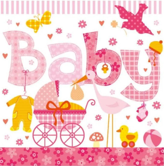 Pink Baby Girl Decoupage Napkin for Crafting, Scrapbooking Mixed Media with Baby Carriage and Stork