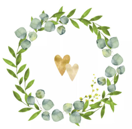 Two gold hearts in a green wreath.  These Two Hearts Wedding Decoupage Paper Napkins are of exceptional quality. Imported from Europe.  3-ply, silky feel, and vivid ink colors. Ideal for Decoupage Crafting, DIY craft projects