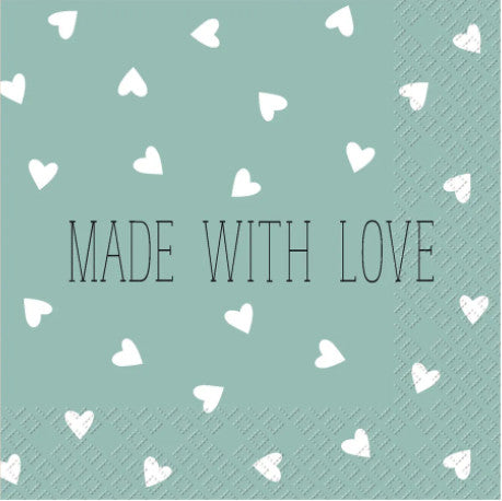 These Teal Made with Love Heart Decoupage Paper Napkins are of exceptional quality and imported from Europe. Ideal for Decoupage Crafting, DIY craft projects, Scrapbooking, Mixed Media, Art Journaling