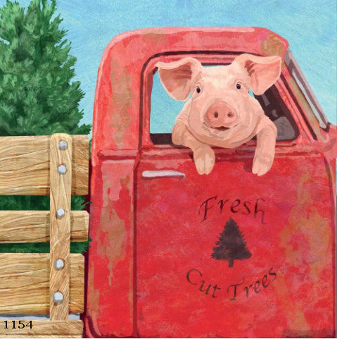 Pig in Red Truck with Christmas tree Paper Decoupage Napkin for Crafting and Scrapbooking