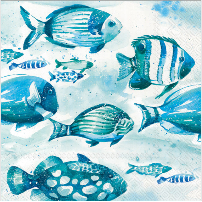 Aquamarine Blue and White Fish Decoupage Paper Napkin for Crafting and Scrapbooking