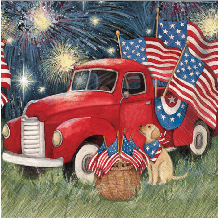 B4th of July  Red Truck with Puppy / Dog with lots of American Flags Paper Napkin for Decoupage Crafting and Scrapbooking