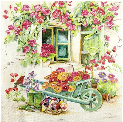 Multicolored flowers with wheel barrel and gardening   Decoupage Napkin for Crafting and Scrapbooking