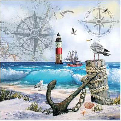 Ocean and Sea themed Decoupage Napkin  with light house anchor and sea gulls for Crafting and Scrapbooking
