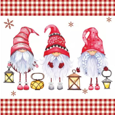 These Scandinavian Gnomes Decoupage Paper Napkins are of exceptional quality. Imported from Europe.  3-ply, silky feel, and vivid ink colors. Ideal for Decoupage Crafting