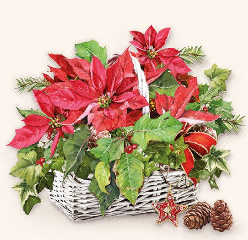 Shop Poinsettia in Basket Decoupage Paper Napkins are of exceptional quality and imported from Europe.  3-ply Silky feel. Vivid ink colors. Ideal for Decoupage Crafting, DIY, Scrapbooking