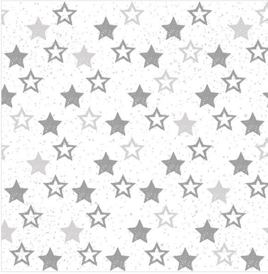 These Christmas Stars All Over Silver Decoupage Paper Napkins are exceptional quality. Imported from Europe. 3-ply. Ideal for Decoupage Crafting
