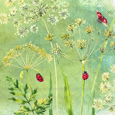 These Ladybugs on Flowers with Green Background Decoupage Paper Napkins are Imported from Europe. Ideal for Decoupage Crafting, DIY craft projects, Scrapbooking