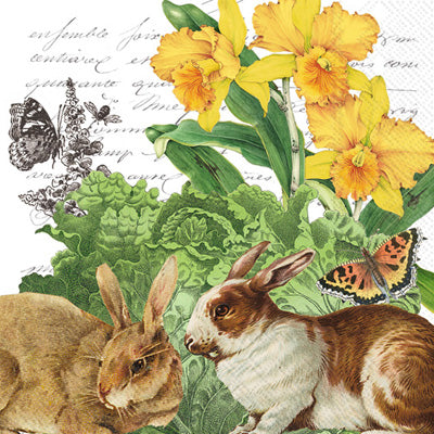 These Rabbit Hare Cabbage with Yellow Daffodils  Decoupage Paper Napkins are Imported from Europe. Ideal for Decoupage Crafting, DIY craft projects, Scrapbooking