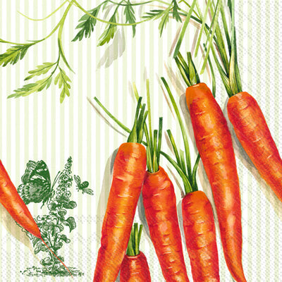 These Carrots on Light Green Stripes Decoupage Paper Napkins are Imported from Europe. Ideal for Decoupage Crafting, DIY craft projects, Scrapbooking
