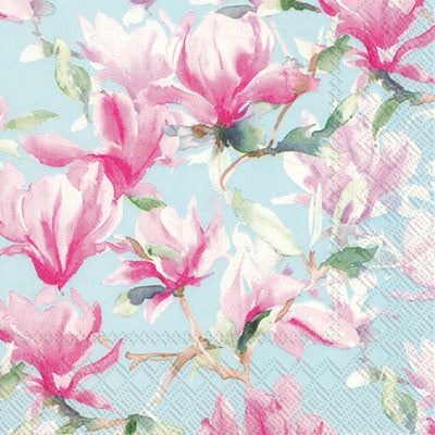 These Floral Magnolia Poesie on Blue Decoupage Paper Napkins are Imported from Europe. Ideal for Decoupage Crafting, DIY craft projects, Scrapbooking
