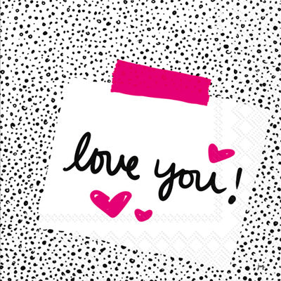 These Pink Hearts on black and white dots Love Note Decoupage Paper Napkins are Imported from Europe. Ideal for Decoupage Crafting, DIY craft projects, Scrapbooking