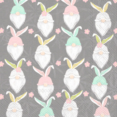 These pastel on grey Bunny Gnome Decoupage Paper Napkins are Imported from Europe. Ideal for Decoupage Crafting, DIY craft projects, Scrapbooking