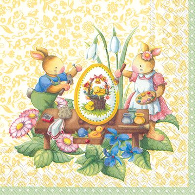 These Bunnies in Easter Spring Fantasy on Yellow  Decoupage Paper Napkins are Imported from Europe. Ideal for Decoupage Crafting, DIY craft projects, Scrapbooking