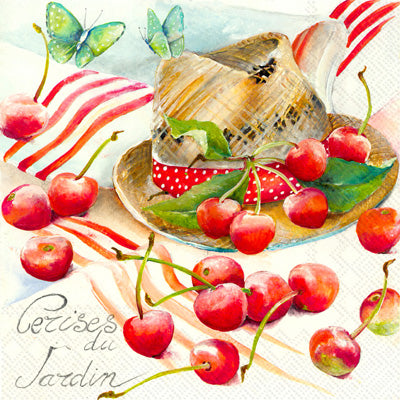 These Red Summer Cherry with Hat Decoupage Paper Napkins are Imported from Europe. Ideal for Decoupage Crafting, DIY craft projects, Scrapbooking