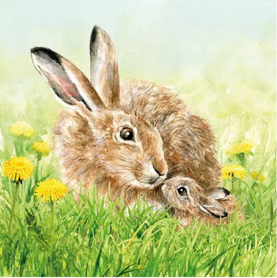 These Hare Family two bunnies in green meadow with daffodilsDecoupage Paper Napkins are exceptional quality. Imported from Europe. Ideal for Decoupage Crafting, DIY craft projects