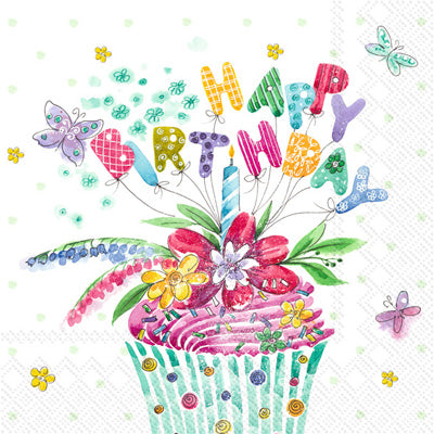 These colorful floral  Birthday Cupcake Decoupage Paper Napkins are exceptional quality. Imported from Europe. 3-ply. Ideal for Decoupage Crafting, DIY craft projects
