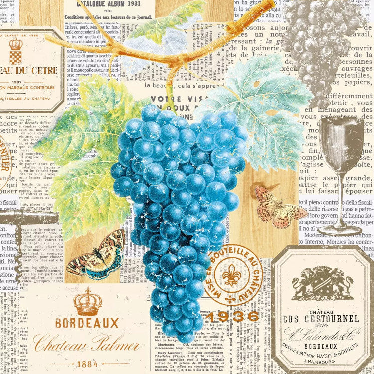 These Grapes on newspaper background Decoupage Paper Napkins are Imported from Europe. Ideal for Decoupage Crafting, DIY craft projects, Scrapbooking, Mixed Media
