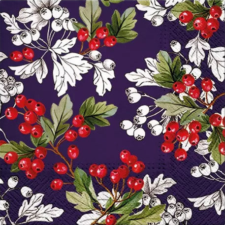 These red berries on blue background Decoupage Paper Napkins are Imported from Europe. Ideal for Decoupage Crafting, DIY craft projects, Scrapbooking, Mixed Media