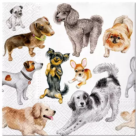 Happy Dogs  Decoupage Paper Napkins are Imported from Europe. Ideal for Decoupage Crafting, DIY craft projects, Scrapbooking