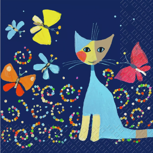These Cat with Butterflies  on  Blue Background Decoupage Paper Napkins are Imported from Europe. Ideal for Decoupage Crafting, DIY craft projects, Scrapbooking
