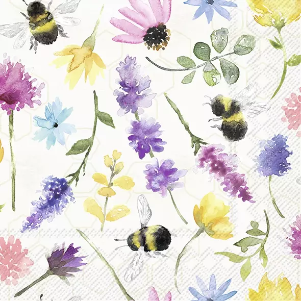 Purple flowers with Bees on Cream Decoupage Paper Napkins are Imported from Europe. Ideal for Decoupage Crafting, DIY craft projects, Scrapbooking