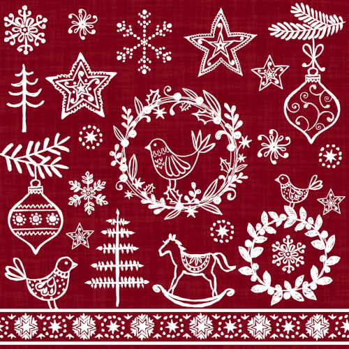White Christmas Symbols on Red Decoupage Paper Napkins are Imported from Europe. Ideal for Decoupage Crafting, DIY craft projects, Scrapbooking