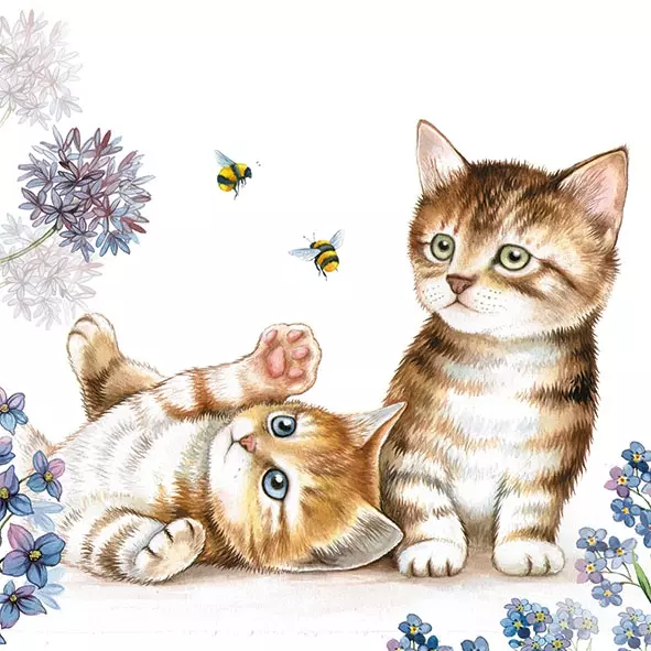  Cats playing with Bees Decoupage Paper Napkins are Imported from Europe. Ideal for Decoupage Crafting, DIY craft projects, Scrapbooking