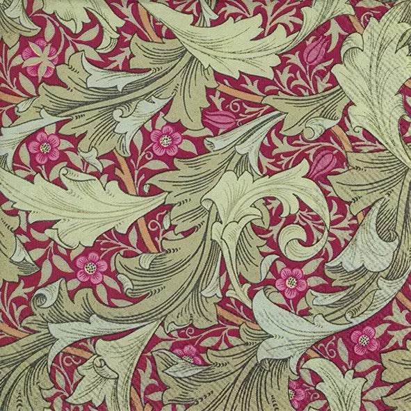 These Granville Bordeaux Green leaves on burgundy Decoupage Paper Napkins are Imported from Europe. Ideal for Decoupage Crafting, DIY craft projects, Scrapbooking