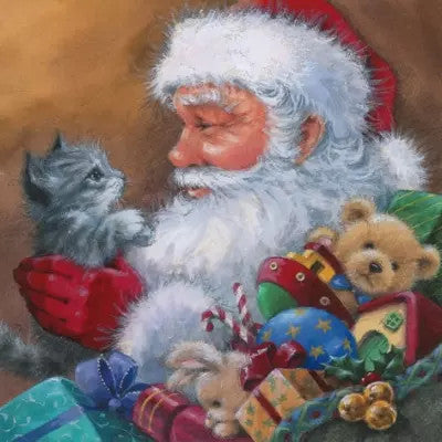 These Santa with Kitten Decoupage Paper Napkins are Imported from Europe. Ideal for Decoupage Crafting, DIY craft projects, Scrapbooking