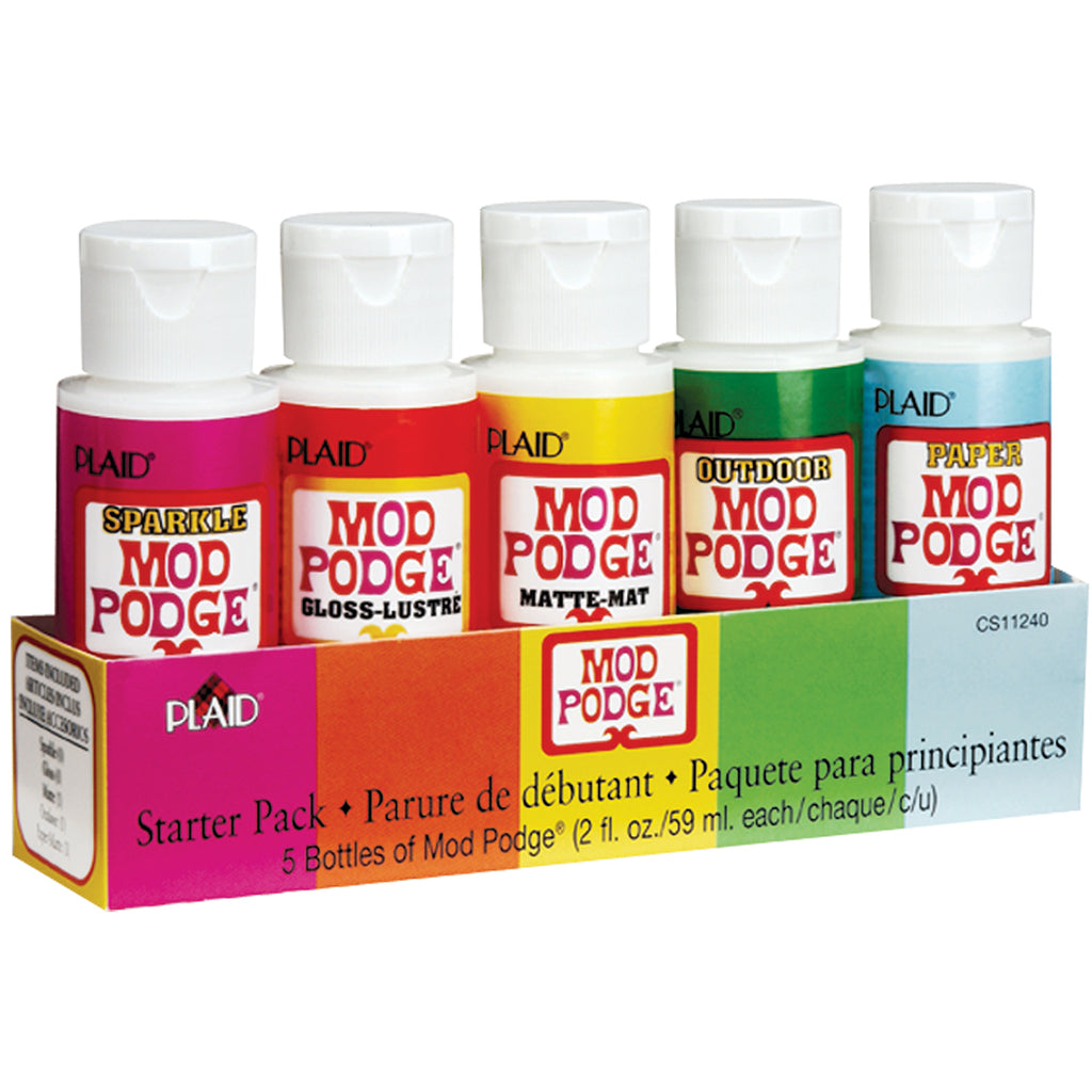 PLAID CRAFT- Mod Podge Starter Pack. A wonderful collection of water-base sealer, glue and finish. This package contains five 2oz bottles of mod podge for five different purposes (sparkle, gloss, matte, outdoor and paper)