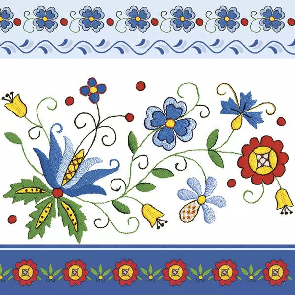 These Floral Kashubian Folk-8 Decoupage Paper Napkins are of exceptional quality. 3 ply. Imported from Europe. Ideal for Decoupage Crafting, DIY craft projects, Scrapbooking