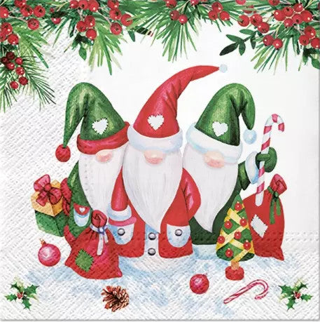 These Christmas Gnomes Decoupage Paper Napkins are of exceptional quality. 3 ply. Imported from Europe. Ideal for Decoupage Crafting, DIY craft projects, Scrapbooking