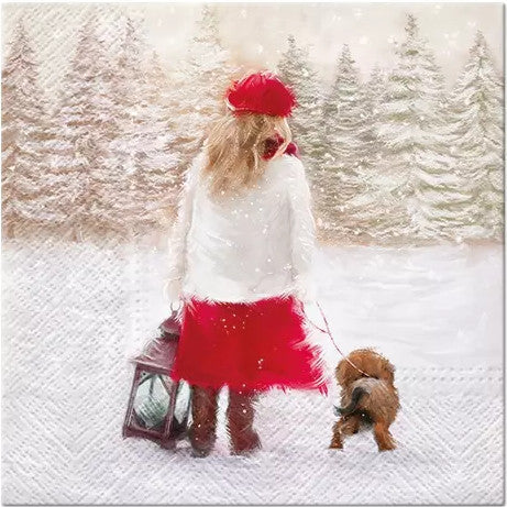 These Winter Walk Girl in snow with dog Decoupage Paper Napkins are of exceptional quality. 3 ply. Imported from Europe. Ideal for Decoupage Crafting, DIY craft projects, Scrapbooking