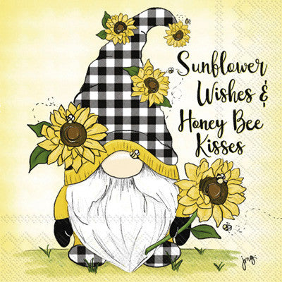 These Sunny Gnome Sunflowers Decoupage Paper Napkins are of exceptional quality. 3 ply. Imported from Europe. Ideal for Decoupage Crafting, DIY craft projects, Scrapbooking