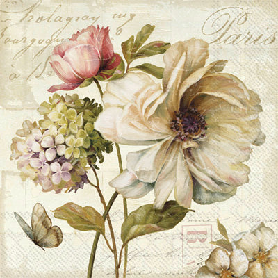 These Marche de Fleurs beige floral European Decoupage Paper Napkins are of exceptional quality. 3 ply. Ideal Decoupage Paper for Scrapbooking, Mixed Media Art