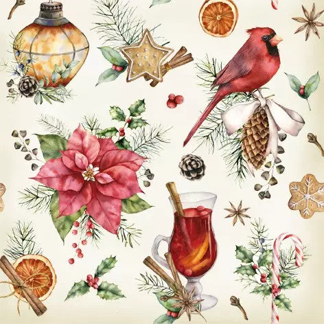 These Mulled Wine & Gingerbread Christmas European Decoupage Paper Napkins with red birds are of exceptional quality. 3 ply. Ideal Decoupage Paper