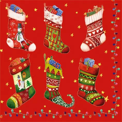 These Colorful Christmas Stockings on red background European Decoupage Paper Napkins are of exceptional quality. 3 ply. Ideal Decoupage Paper for Scrapbooking