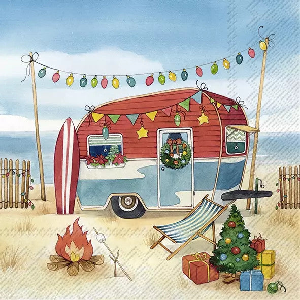 These camping at the sea Christmas European Decoupage Paper Napkins are of exceptional quality. 3 ply. Ideal Decoupage Paper for Scrapbooking
