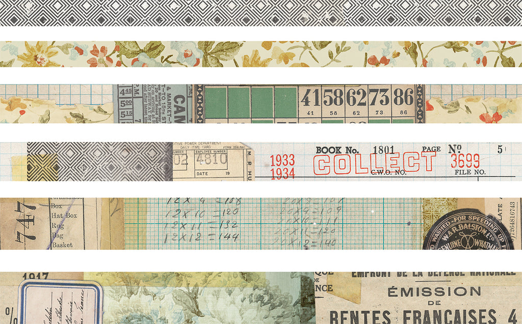 Tim Holtz Idea-Ology Collector Design Tape can be used for project embellishments and borders. Adhesive backed. Each package contains multiple rolls and designs. Perfect for Decoupage