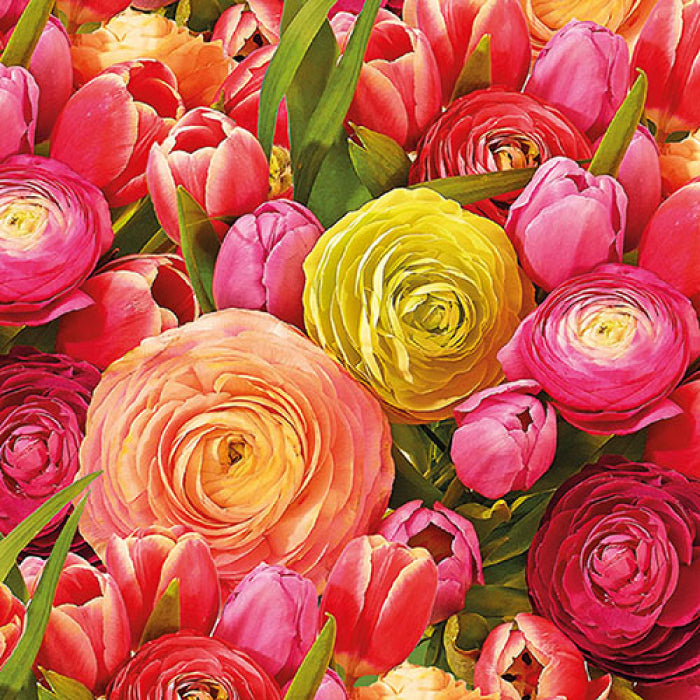Pink and yellow floral garden. These Ranunculus floral European Decoupage Paper Napkins are of exceptional quality. 3 ply. Ideal Decoupage craft paper for Scrapbooking