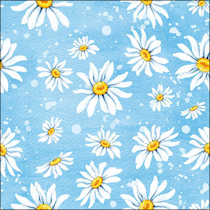 These white Daisies on blue background  European Decoupage Paper Napkins are of exceptional quality. 3 ply. Ideal Decoupage craft paper for Scrapbooking