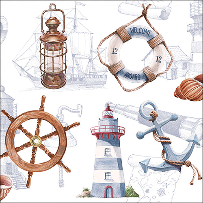 These Welcome Aboard nautical theme European Decoupage Paper Napkins are of exceptional quality. 3 ply. Lighthouse, ships and anchor. Ideal Decoupage craft paper