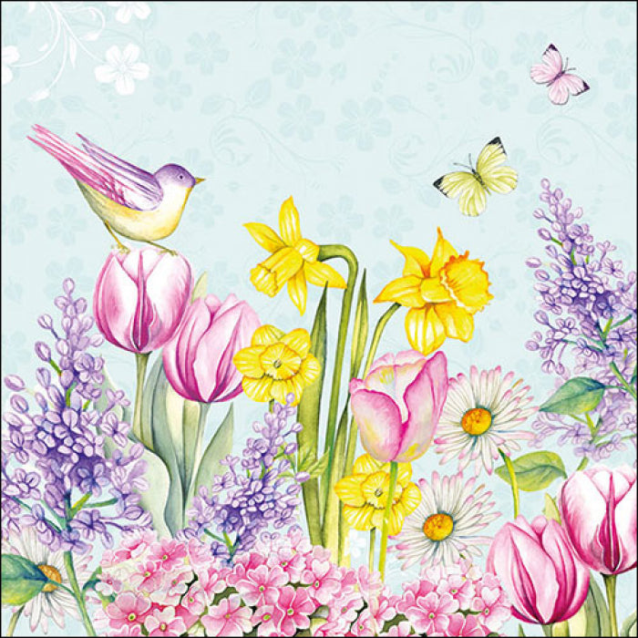 These blooming garden with turquois background European Decoupage Paper Napkins are of exceptional quality. 3 ply. Ideal Decoupage craft