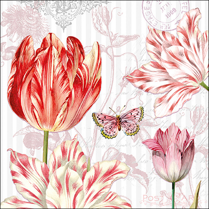 These light red Tulips Postcard European Decoupage Paper Napkins are of exceptional quality. 3 ply. Ideal Decoupage craft paper