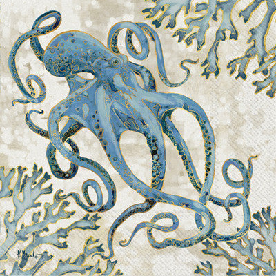 Playa Octopus blue green European Decoupage Paper Napkins of exceptional quality. 3 ply. Ideal Decoupage Paper for Collage, Scrapbooking, Mixed Media